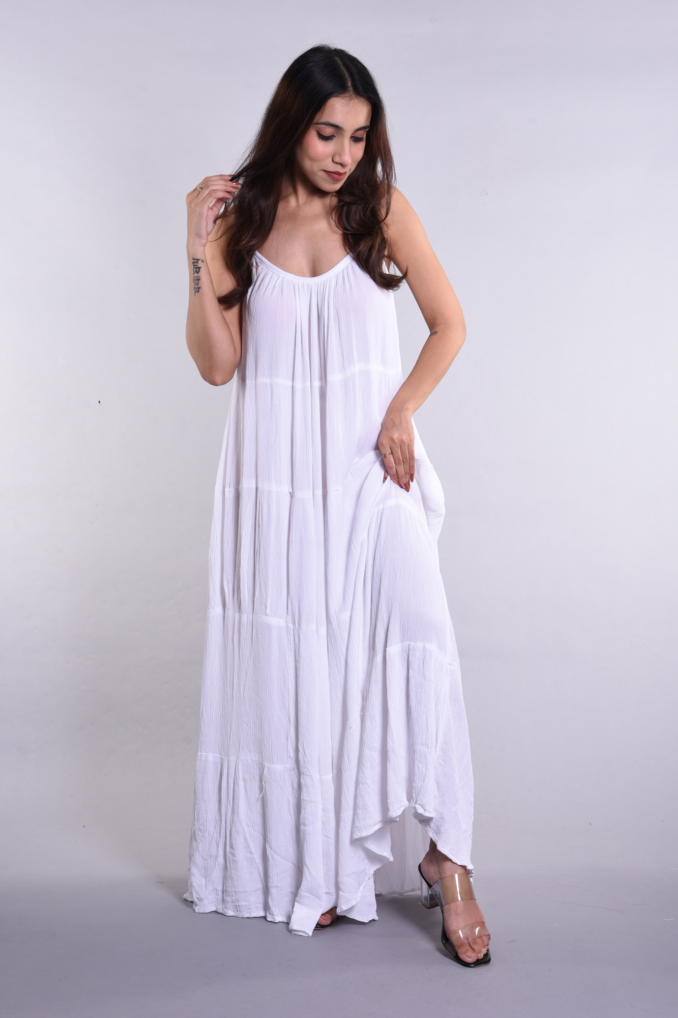 Women's Elegant Sleeveless Maxi Dress | Tiered Design & Spaghetti Straps