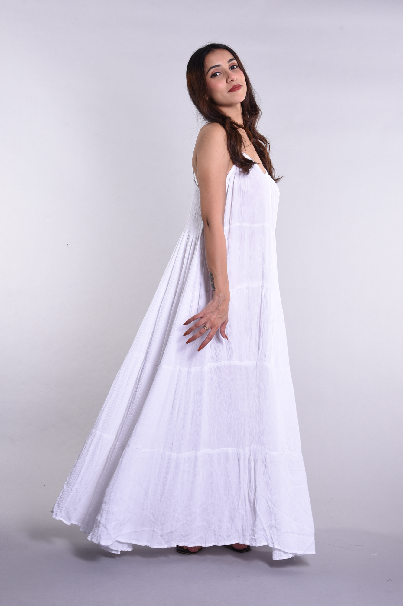 Women's Elegant Sleeveless Maxi Dress | Tiered Design & Spaghetti Straps