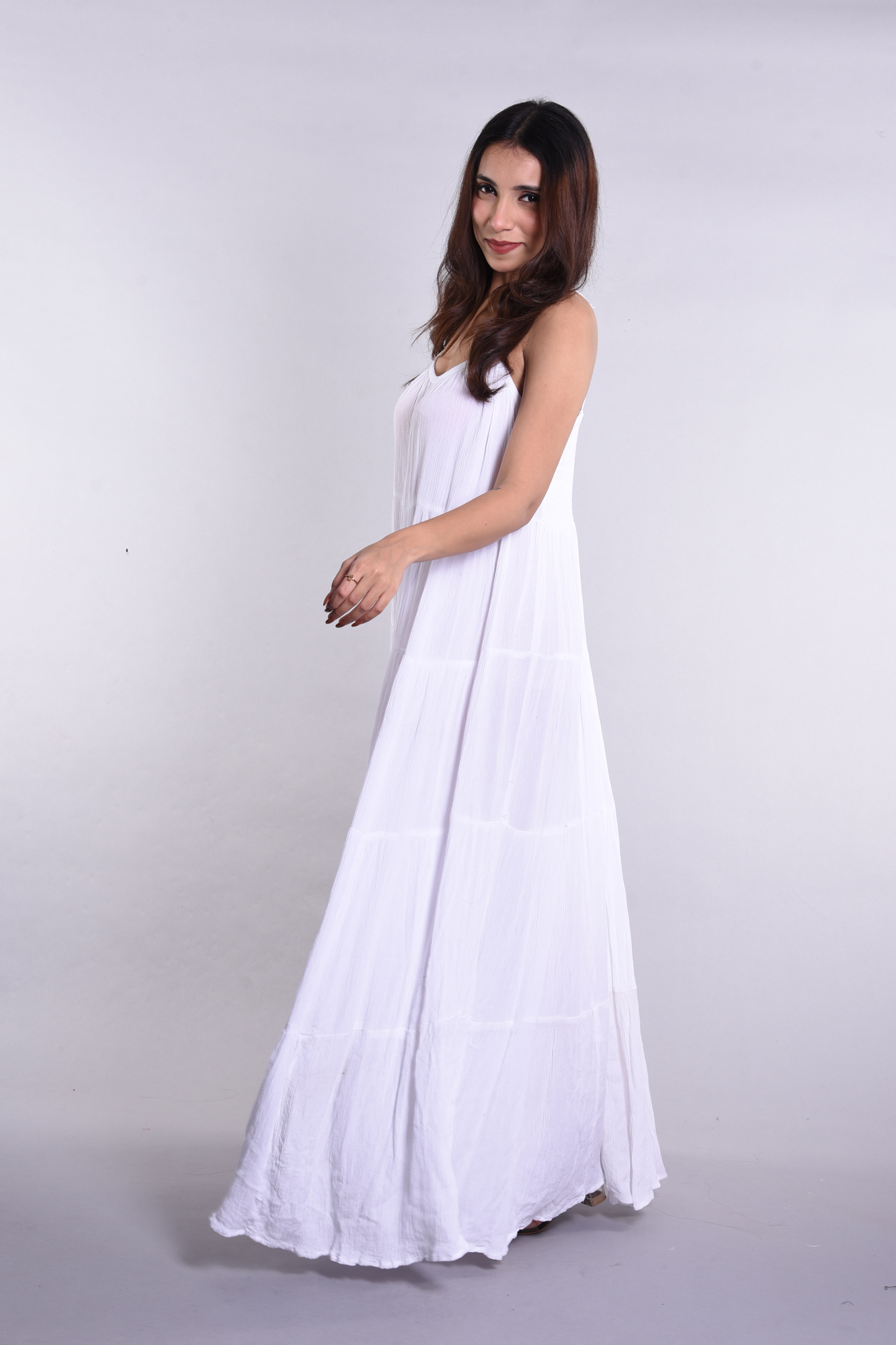 Women's Elegant Sleeveless Maxi Dress | Tiered Design & Spaghetti Straps