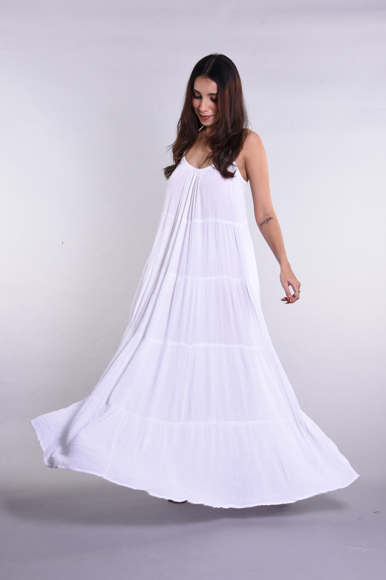 Women's Elegant Sleeveless Maxi Dress | Tiered Design & Spaghetti Straps