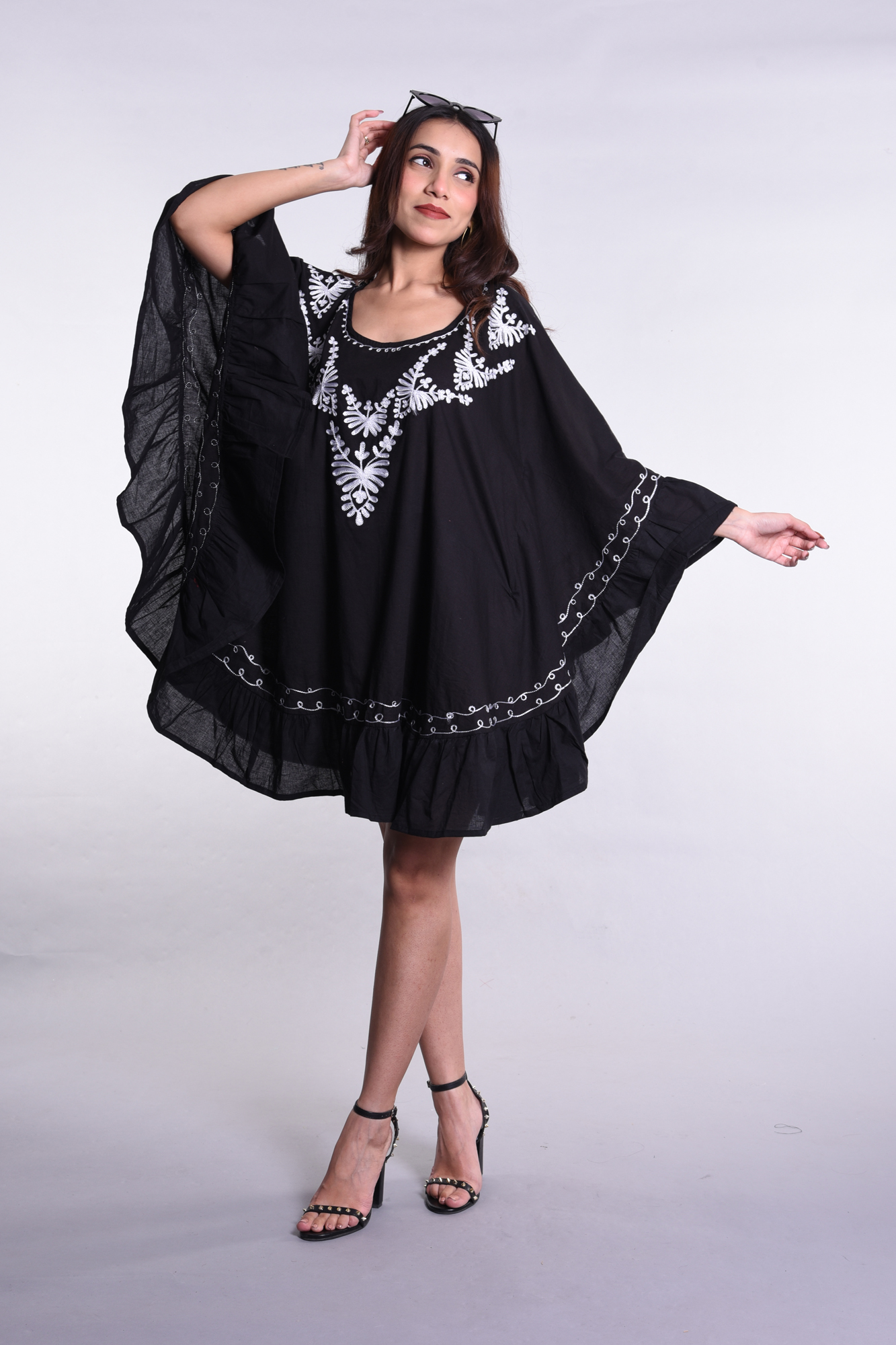Women's Black Cotton Kaftan Dress with Tassel Tie-Up Neckline and Ruffled Hem - Image 3