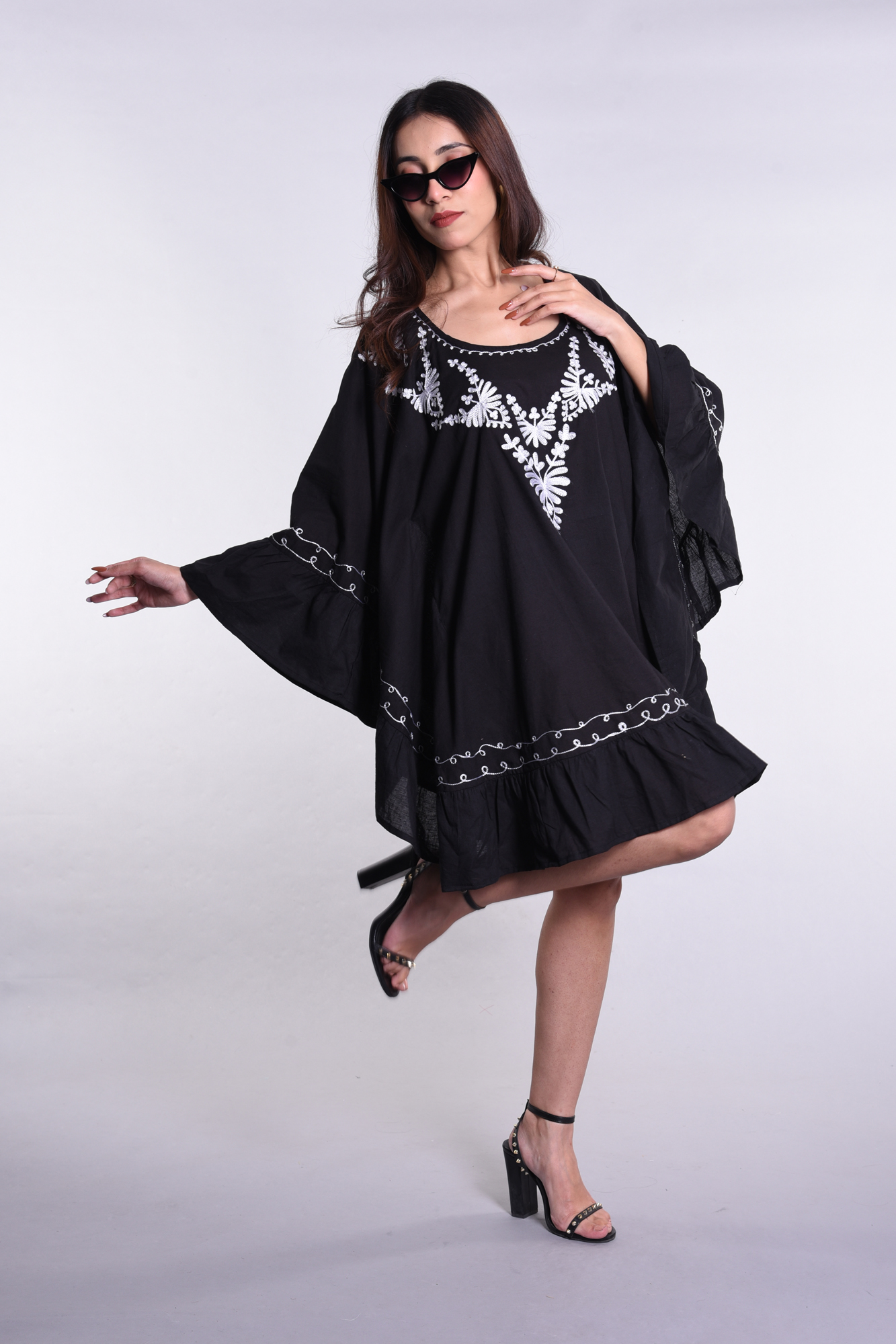 Women's Black Cotton Kaftan Dress with Tassel Tie-Up Neckline and Ruffled Hem - Image 5