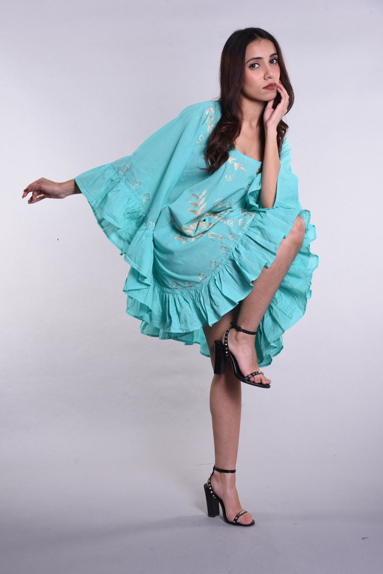 Women’s Sea Green Cotton Kaftan Dress – Tassel Tie-Up & Ruffled Hem - Image 4