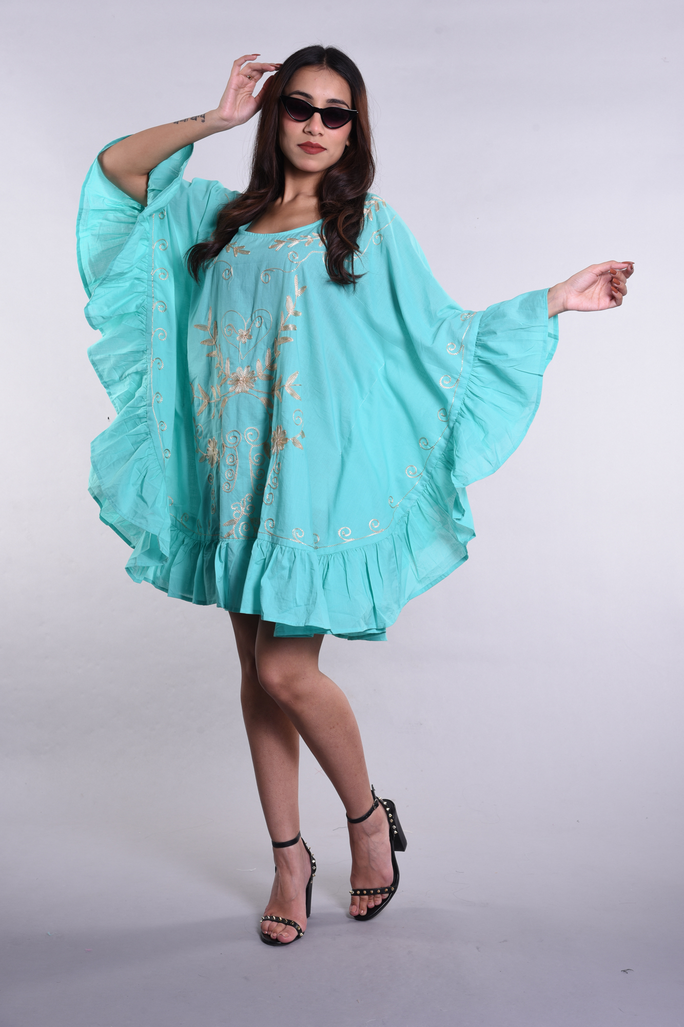 Women’s Sea Green Cotton Kaftan Dress – Tassel Tie-Up & Ruffled Hem - Image 8