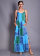 Women's Cotton Patch Tie-Dye Maxi Dress with Spaghetti Straps and Side Slit