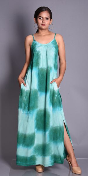 Women's Cotton Patch Tie-Dye Maxi Dress with Spaghetti Straps and Side Slit