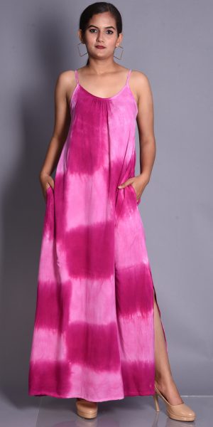 Women's Cotton Patch Tie-Dye Maxi Dress with Spaghetti Straps and Side Slit
