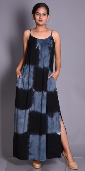 Women's Cotton Patch Tie-Dye Maxi Dress with Spaghetti Straps and Side Slit